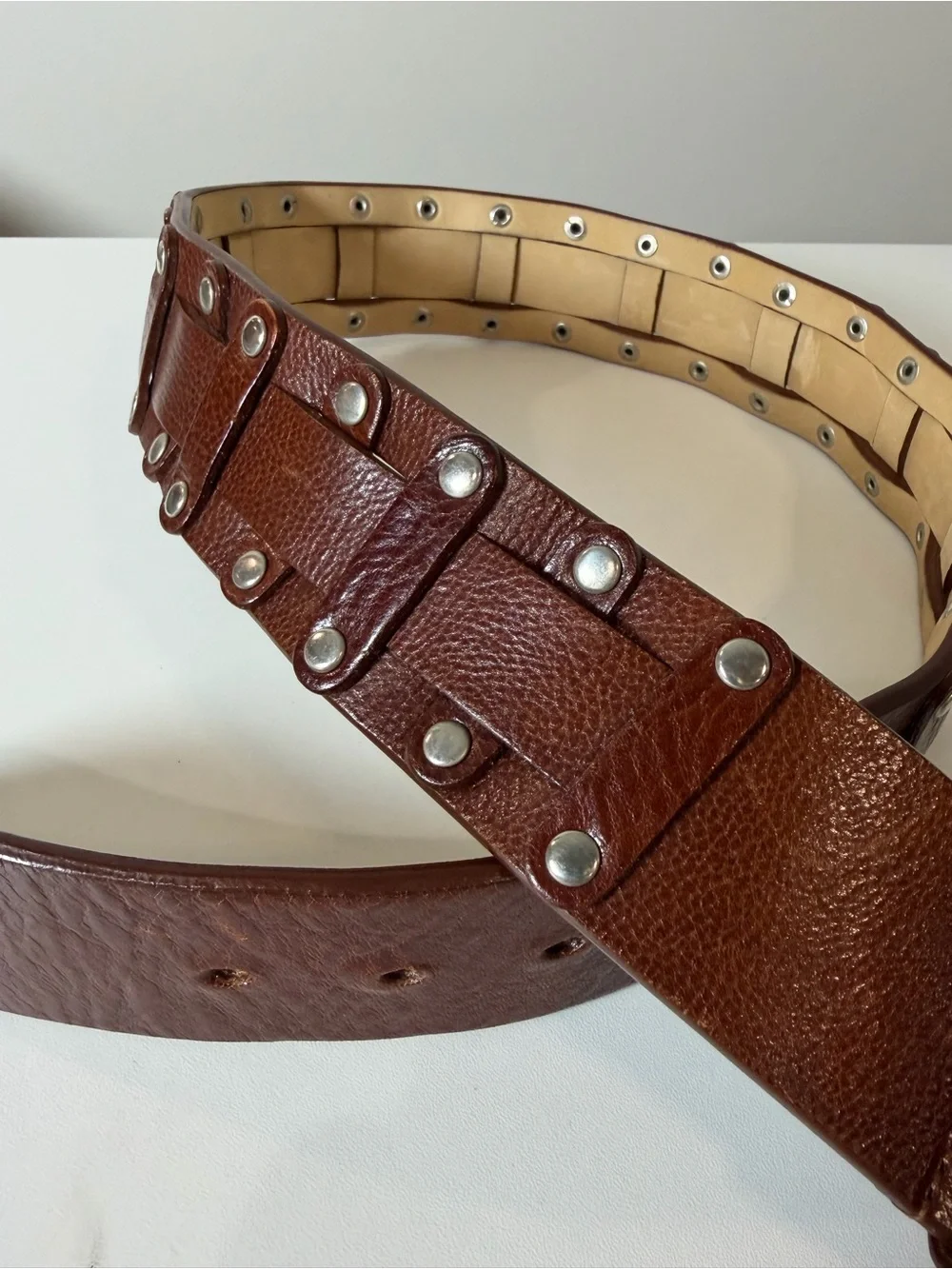 Saks Fifth Avenue Medium Woven Knit Brown Studded Genuine Italian Leather Belt